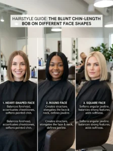 Alt Text: Blunt chin-length bob on different face shapes.