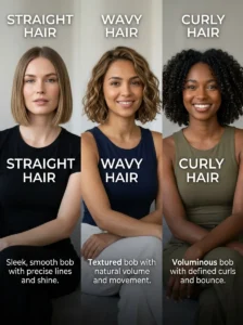 Alt Text: Bob haircut on straight, wavy, and curly hair.