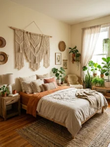 Large woven wall hanging used as a headboard alternative.