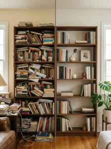 Comparison of cluttered and decluttered bookshelf styling