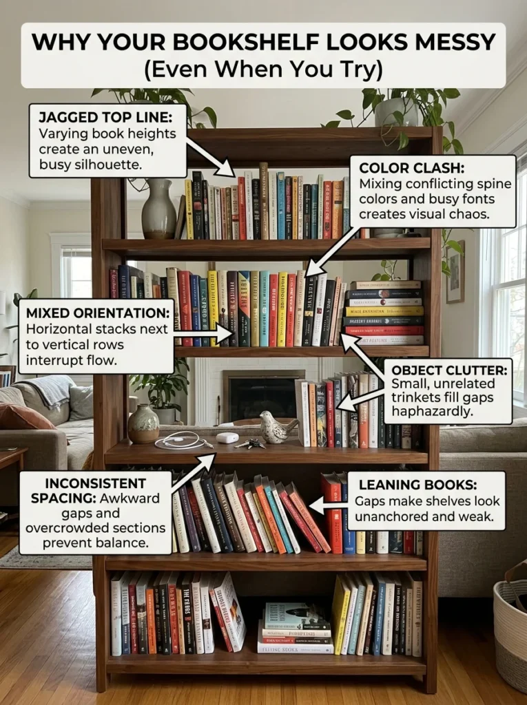 Beautifully styled modern bookshelf in a living room