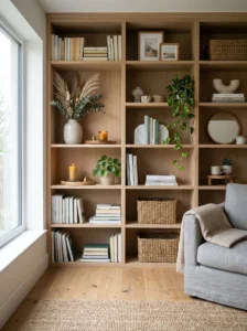 Deep shelves styled with layered decor books and trays