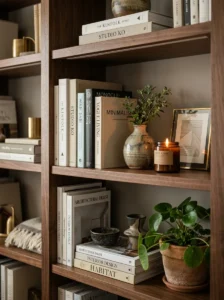 Designer bookshelf with books and decorative accessories