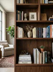 Professionally arranged bookshelf with balanced styling