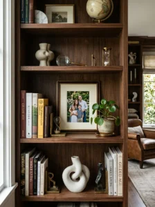 Framed photograph styled on a bookshelf