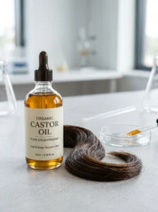Castor oil commonly used for hair growth and scalp care.