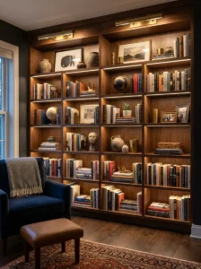 Bookshelf with warm LED lighting and decorative display