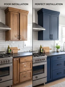 Kitchen showing the difference between poor and precise cabinet installation