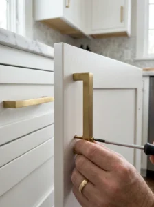 Installing new cabinet hardware on kitchen cabinets
