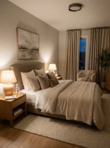 Small bedroom with different closet alternative storage solutions.
