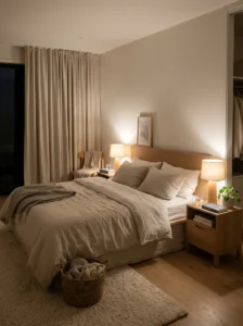 Peaceful bedroom with everything needed for better sleep