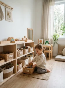 Toy rotation system using organized storage in a minimalist kids room