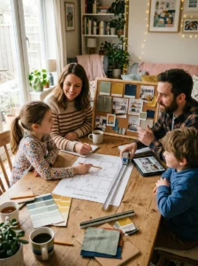 Family planning the layout of a shared bedroom together.