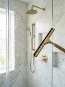Cleaning frameless walk-in shower glass with a squeegee