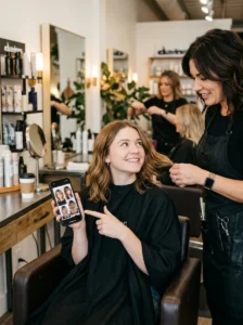 Alt Text: Client using hairstyle reference photos during a salon consultation.