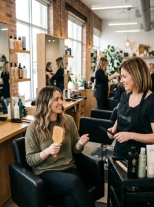 Alt Text: Client discussing daily hair styling habits with a hairstylist.