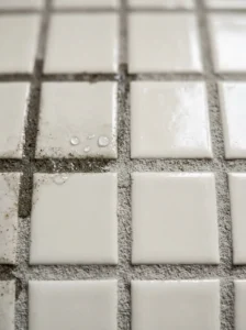 Close-up of porous cement grout between bathroom tiles.