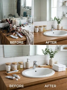 Before and after organizing a cluttered bathroom countertop