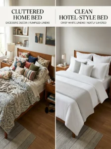 Comparison between a cluttered home bed and a neatly layered hotel-style bed.