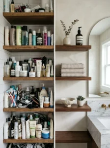 Comparison of cluttered and organized bathroom open shelves