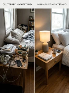 Bedroom nightstand with organized medication tray and bedtime essentials.