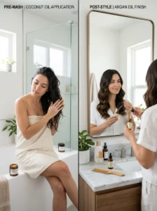 Pre-wash and post-wash hair oil application for healthy hair.