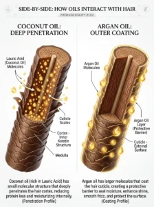 Comparison of penetrating hair oils and sealing hair oils on the hair shaft.