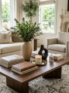 Coffee table styling with varied object heights