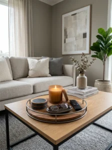 Decorative tray organizing coffee table essentials