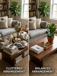 Comparison of cluttered and well-styled coffee tables