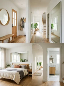 Mirror placement ideas for bathrooms, bedrooms, hallways, and entryways.