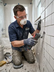 Removing old grout before regrouting bathroom tiles.