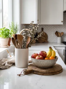 Kitchen counter styling with varied object heights