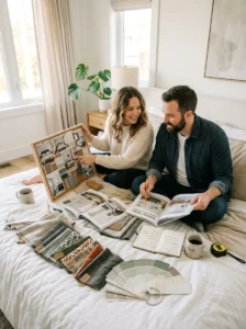 Couple planning a shared bedroom design using inspiration boards and color samples.