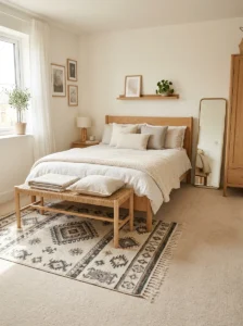 Alt Text: Area rug layered over bedroom carpet