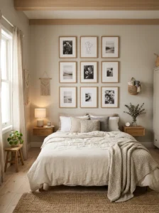 Gallery wall arranged above a bed without a headboard.