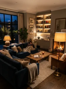 Layered lighting making a living room feel warm and complete