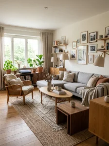 Coordinated living room with different furniture styles.