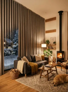 Insulated curtains helping maintain indoor temperature in a modern home