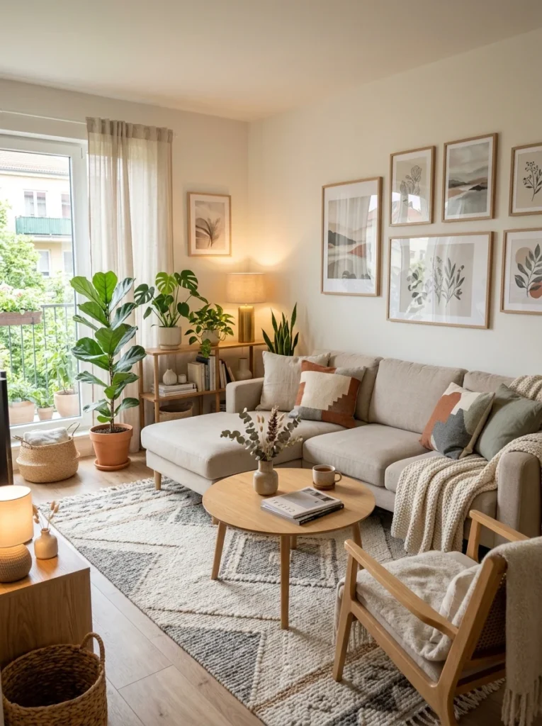 Cozy rented living room decorated with removable décor and personal touches