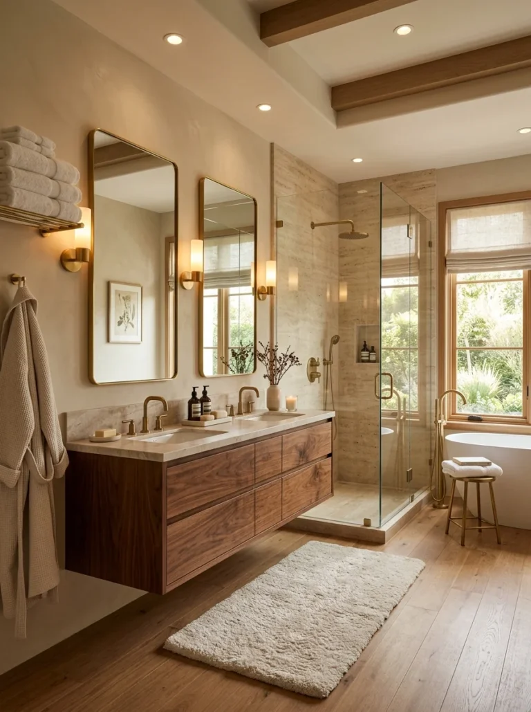 Warm and cozy modern bathroom with soft lighting and wooden accents