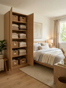 Alt Text: Functional bedroom with organized storage despite having no closet.