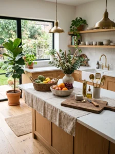 Layered kitchen decor with natural materials and warm accents