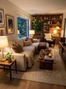 Warm layered lighting creating a cozy living room