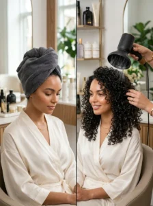 Alt Text: Plopping and diffusing techniques for curly hair.