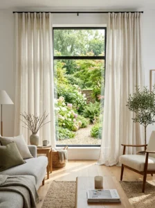 Floor-to-ceiling curtains framing a beautiful outdoor view