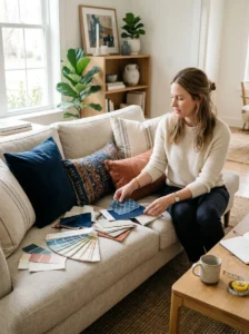 Testing accent colors with fabric swatches in a living room
