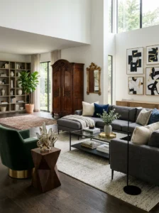 Seamlessly blended antique and contemporary living room furniture