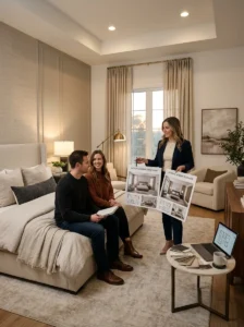 Interior designer helping a couple create a bedroom that suits both partners' tastes.