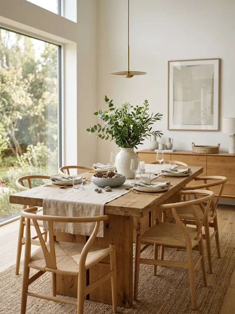 Rarely used dining table styled with a simple centerpiece.